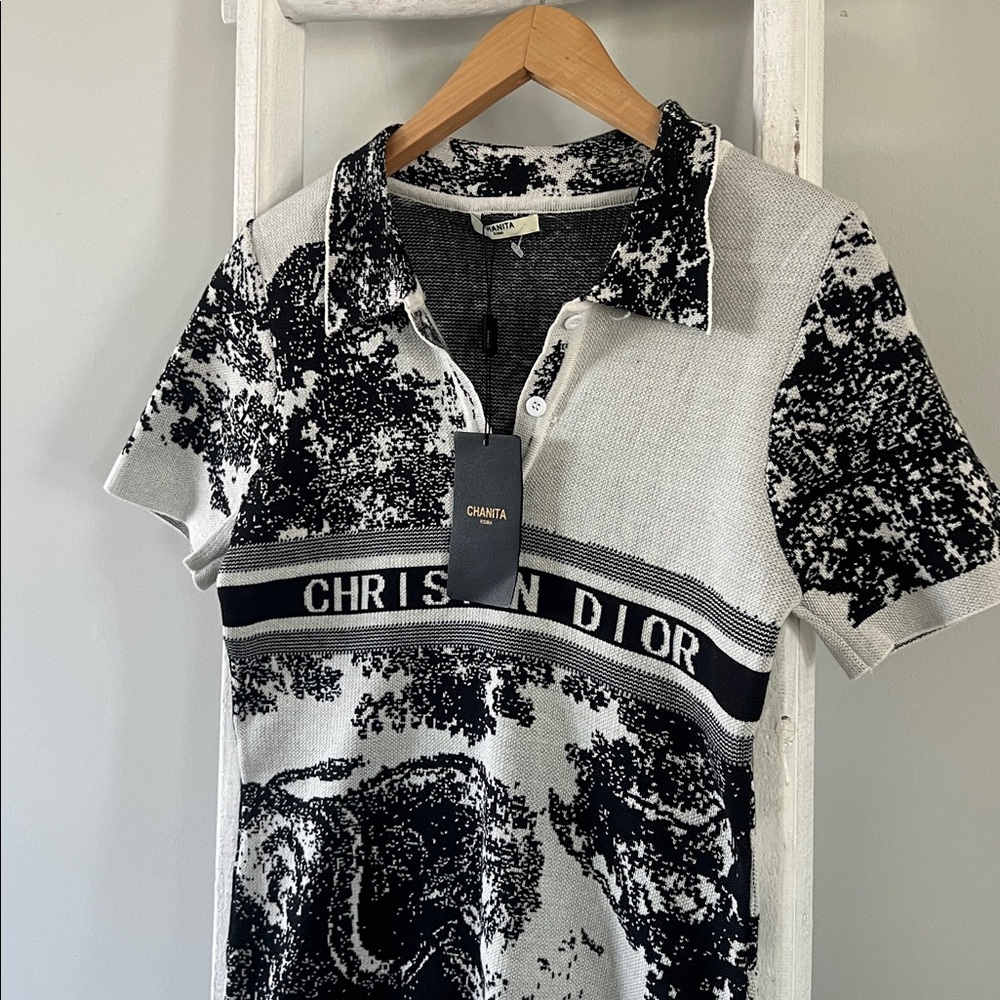 Chanita Roma nwt navy and White Patterned tab collar stretch sweater dress small - Picture 5 of 8